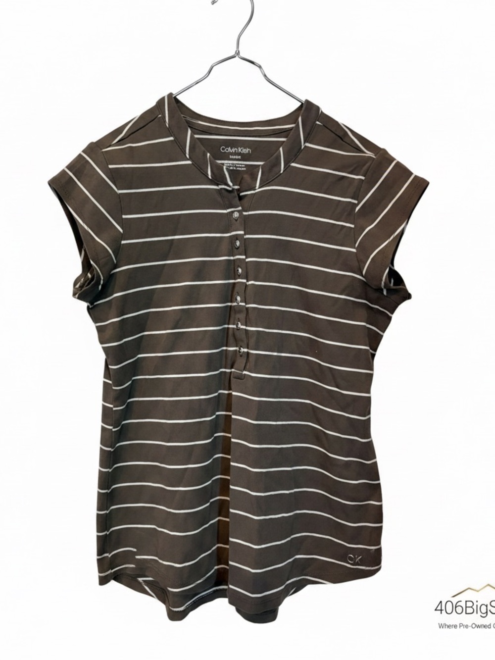 Calvin Klein Brown and White Striped Short Sleeve Henley